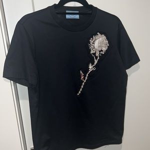 PRADA black shirt with silver/gray silk rose & mirrored glass appliqué LIKE NEW!